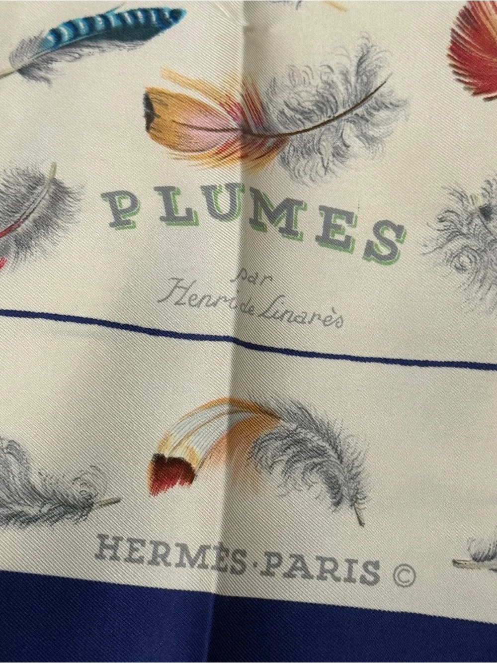 Hermes Multicolor Feather Print Silk Scarf - Blue Trim